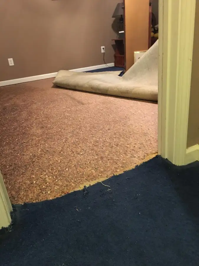 Carpet pad removal revealing water damage during Drying & Dehumidification in Catoosa